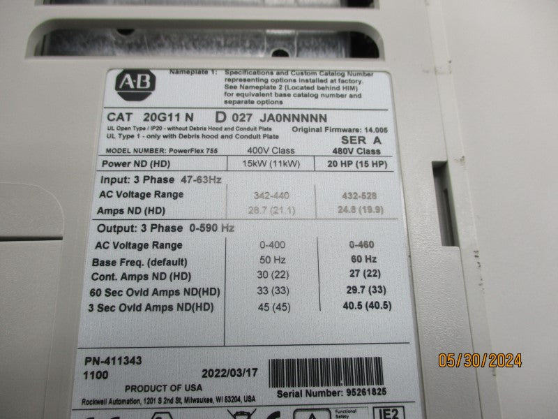 ALLEN BRADLEY 20G11ND027JA0NNNNN SER. A 480V 28.7A NSMP
