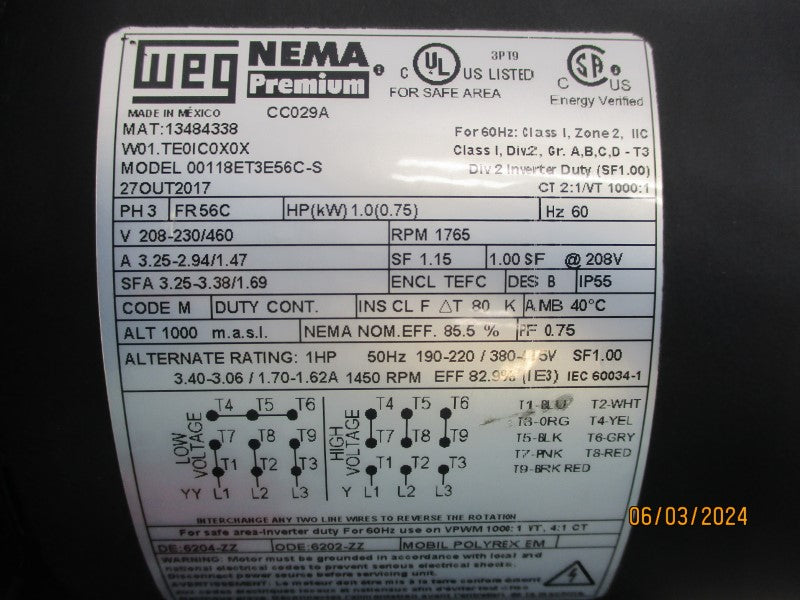 WEG 0018ET3E56C-S W01.TE0IC0X0X 208-460V 3.25-1.47A NSNP
