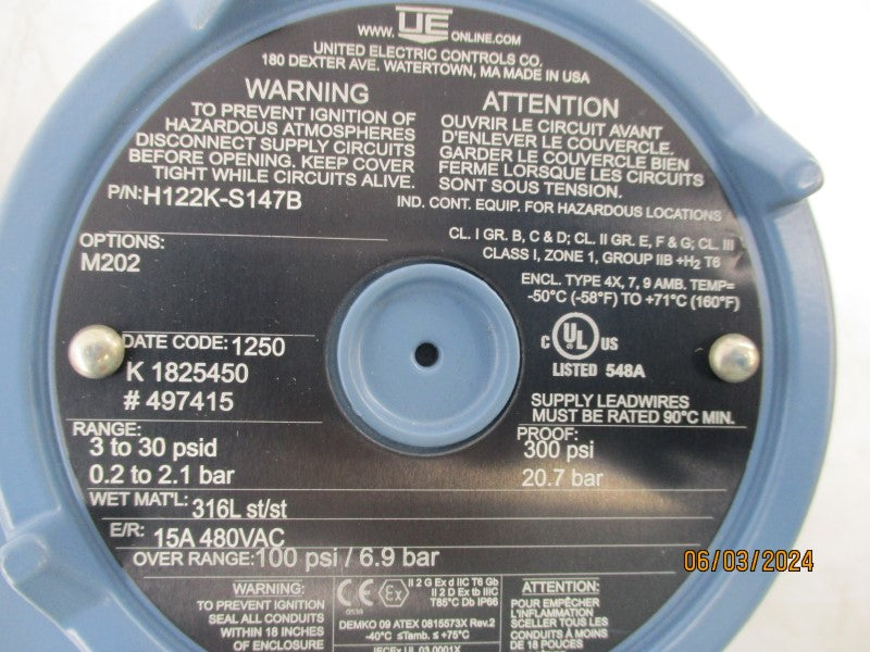 UNTIED ELECTRIC H122K-S147B 480VAC 15A 100PSI NSNP