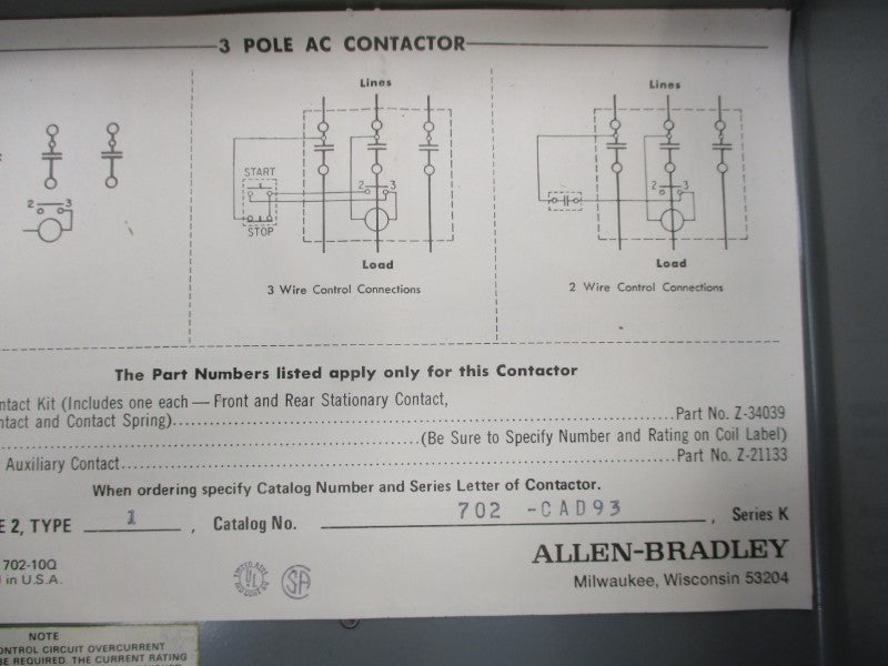 ALLEN BRADLEY 702-CAD93 SER. K 110/120V 45A NSNP