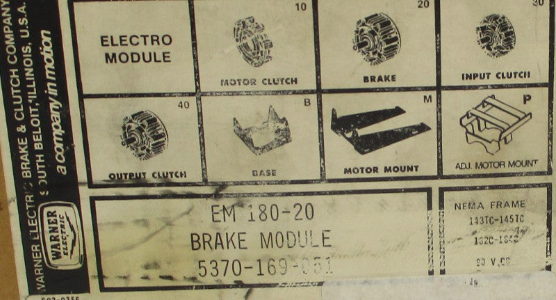 WARNER ELECTRIC 5370-169-051 EM180-20 90VDC NSMP