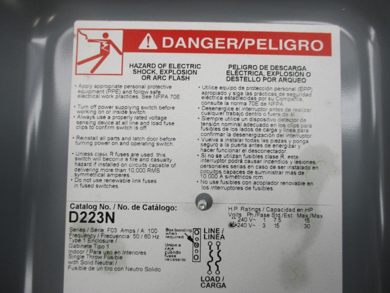 SQUARE D D223N SER. F03 240VAC 100A NSMP