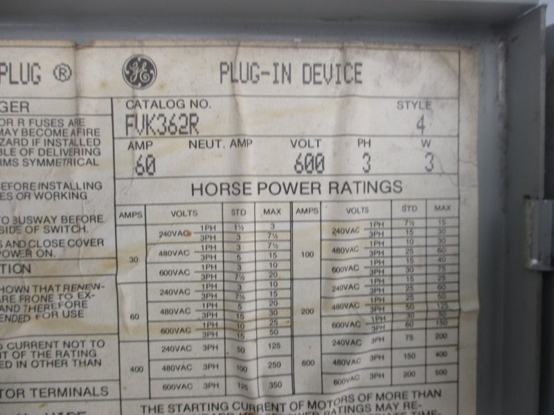 GENERAL ELECTRIC FVK362R 600VAC 60A UNMP
