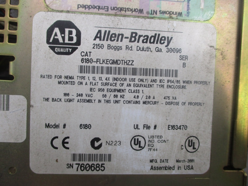 ALLEN BRADLEY 6180-FLKEGMDTHZZ SER. B 100-240VAC 4.0/2.0A (AS PICTURED) UNMP