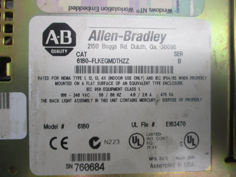 ALLEN BRADLEY 6180-FLKEGMDTHZZ SER. B 100-240VAC 4.0/2.0A (AS PICTURED1) UNMP