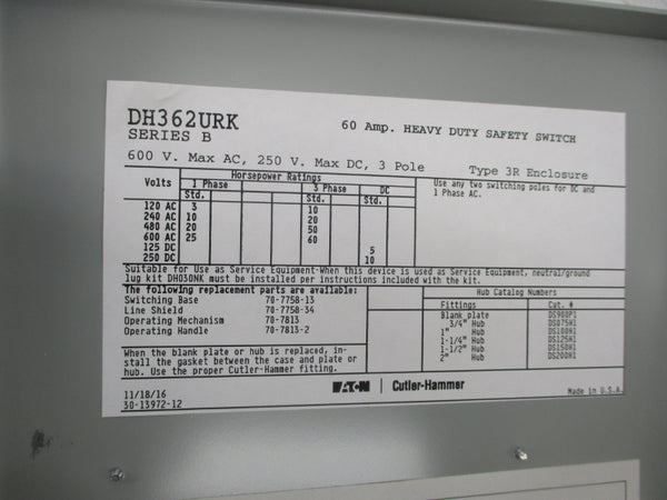 EATON DH362URK SER. B 600VAC 60A NSMP