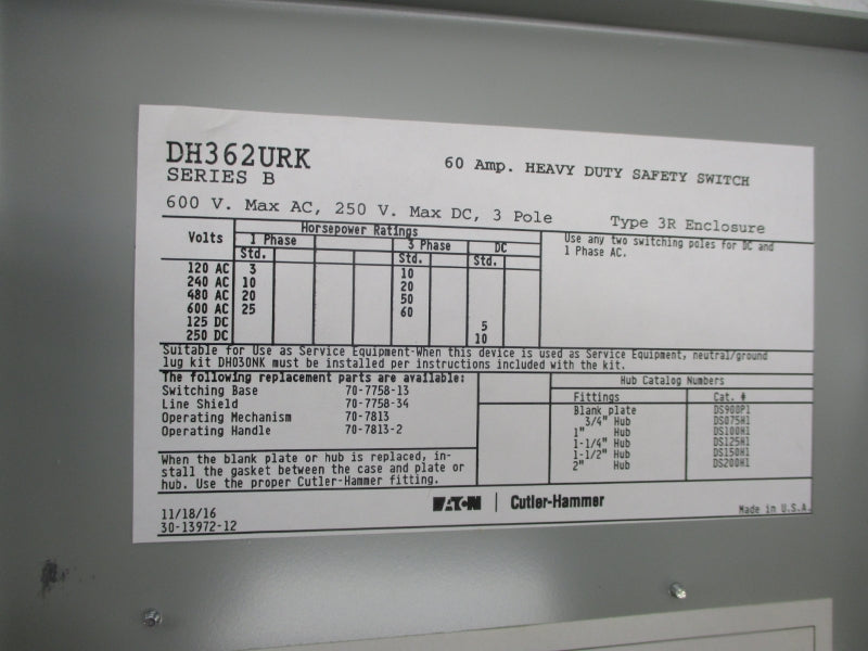 EATON DH362URK SER. B 600VAC 60A NSMP