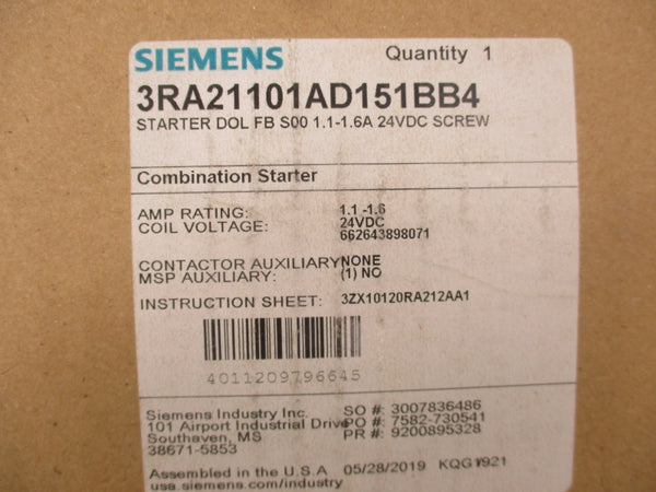 SIEMENS 3RA21101AD151BB4 24VDC 1.1-1.6A NSMP