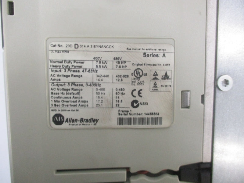 ALLEN BRADLEY 20D D014A3EYNANCCK SER. A F/W 4.002 432-528V 12.8A UNMP