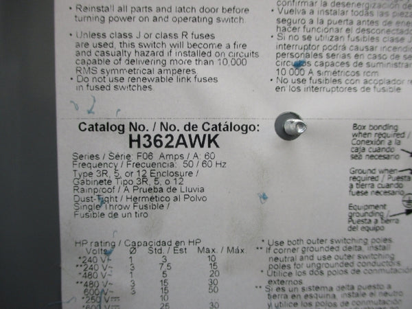 SQUARE D H362AWKEI 600VAC 60A NSMP