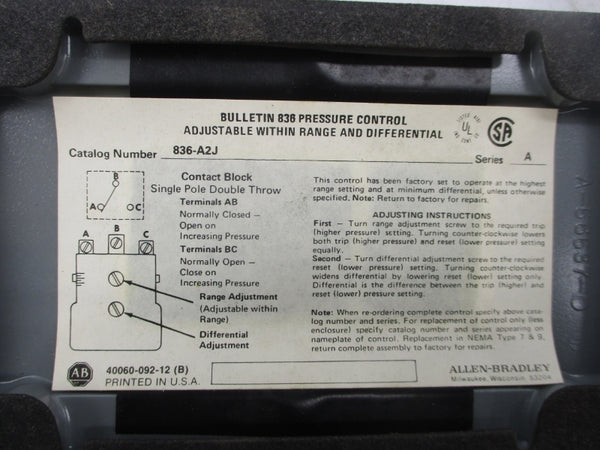 ALLEN BRADLEY 836-A2J SER. A 600V 280PSI NSNP