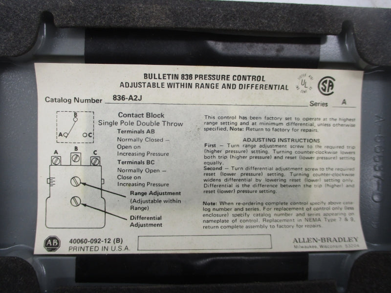 ALLEN BRADLEY 836-A2J SER. A 600V 280PSI NSNP