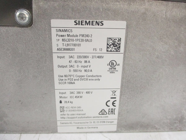 SIEMENS 6SL3210-1PE28-8AL0 220/380V-277/480V 86A (AS PICTURED) NSNP