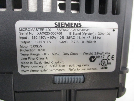 SIEMENS 6SE6420-2AD23-0BA1 380-480V 11.1A NSNP