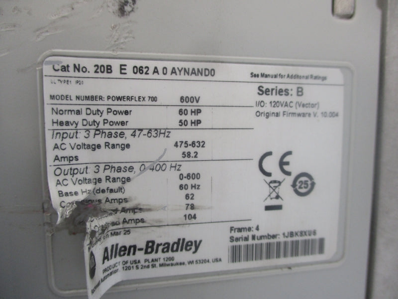 ALLEN BRADLEY 20BE062A0AYNAND0 SER. B F/W 10.004 475-632VAC 58.2A NSNP