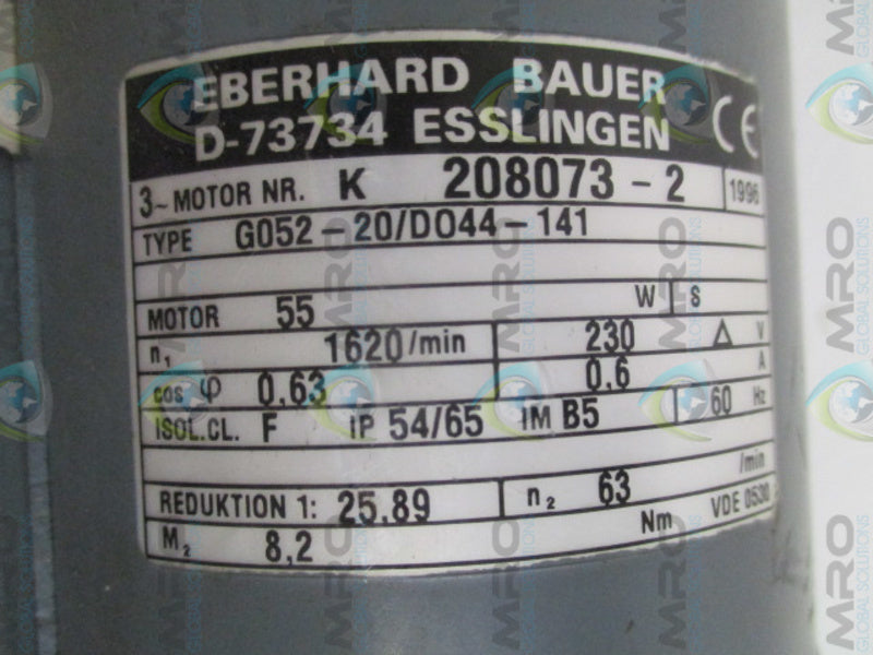 EBERHARD BAUER G052-20/DO44-141 MOTOR 1620 RPM NSNP