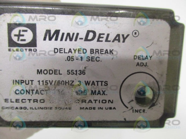 ELECTRO MINI-DELAY 55136 DELAYED BREAK RELAY .05-1 SEC. 115V UNMP