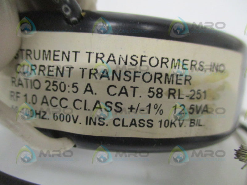 INSTRUMENT TRANSFORMERS 58RL-251 CURRENT TRANSFORMER RATIO 250:5 A NSNP