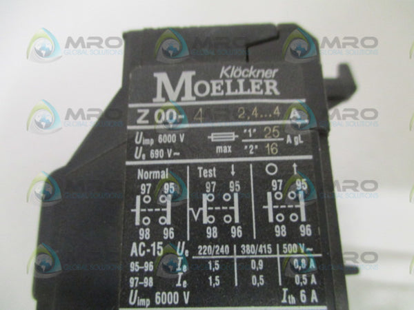 KLOCKNER MOELLER Z00-4 THERMAL OVERLOAD RELAY 2,4-4A UNMP