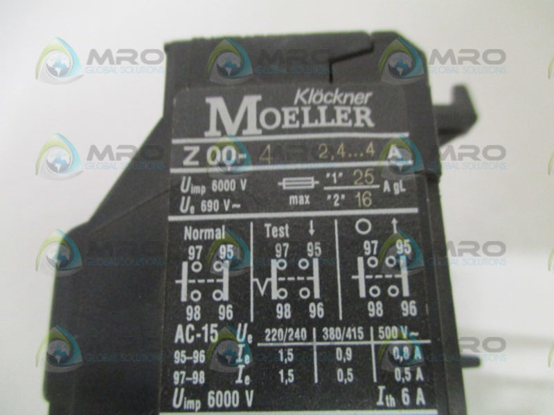 KLOCKNER MOELLER Z00-4 THERMAL OVERLOAD RELAY 2,4-4A UNMP