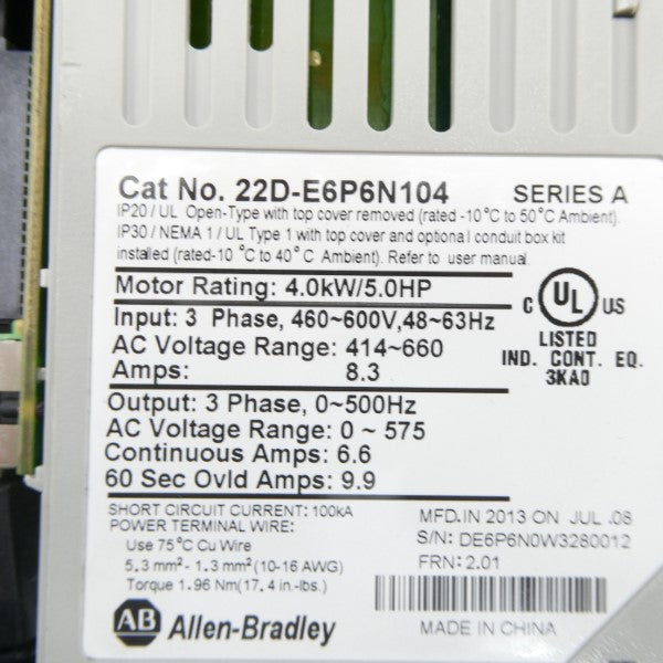 ALLEN BRADLEY 22D-E6P6N104 SER. A F/W 2.01 460-600V 8.3A UNMP