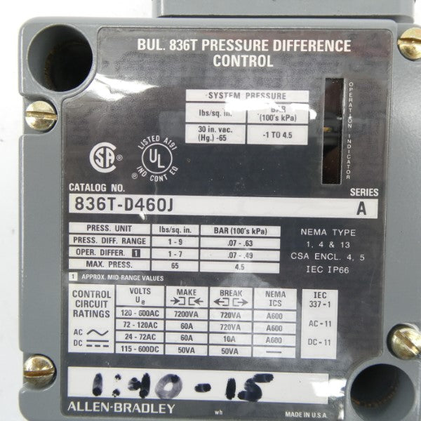 ALLEN BRADLEY 836T-D460J SER. A 120-600VAC 60A 1-9PSI UNMP