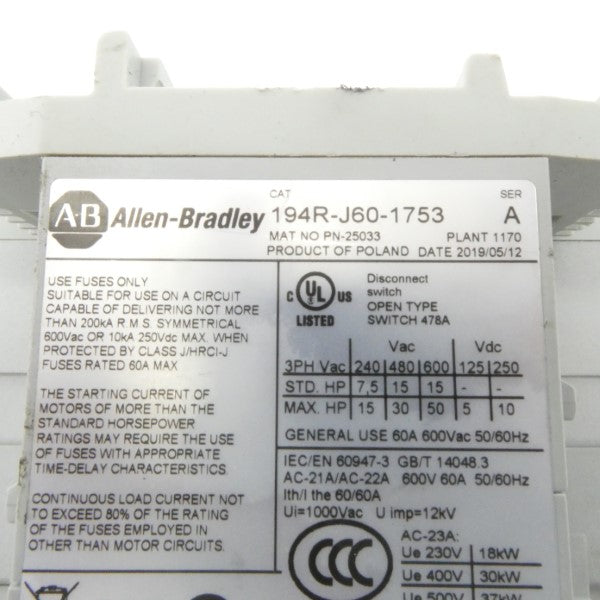 ALLEN BRADLEY 194R-J60-1753 SER. A 1000VAC 60A UNMP
