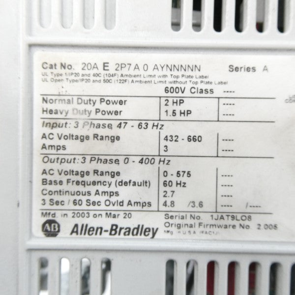ALLEN BRADLEY 20AE2P7A0AYNNNNN SER. A F/W 2.005 432-660VAC 3A UNMP