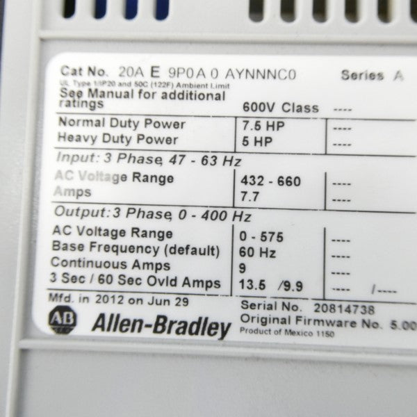 ALLEN BRADLEY 20AE9P0A0AYNNNC0 SER. A F/W 5.001 432-660VAC 7.7A UNMP