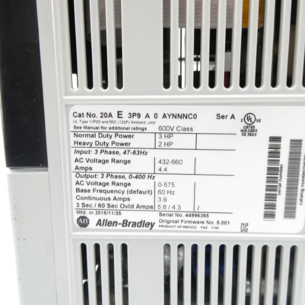 ALLEN BRADLEY 20AE3P9A0AYNNNC0 SER. A F/W 5.001 432-660VAC 4.4A UNMP