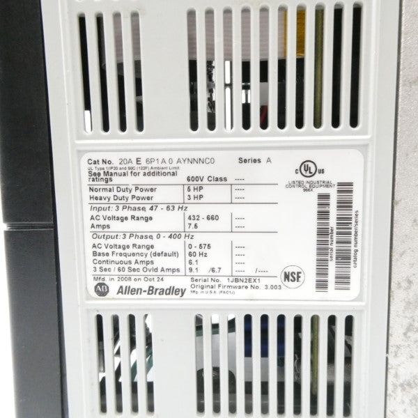 ALLEN BRADLEY 20AE6P1A0AYNNNC0 SER. A F/W 3.003 432-660VAC 7.5A UNMP