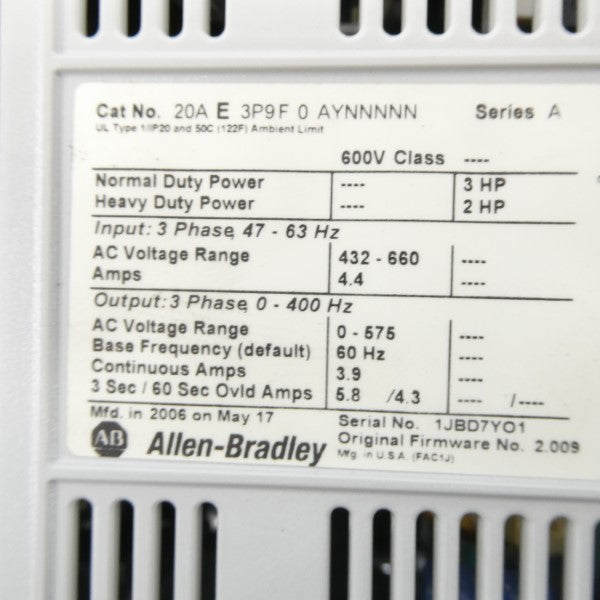 ALLEN BRADLEY 20AE3P9F0AYNNNNN SER. A F/W 2.009 432-660VAC 4.4A (AS PICTURED1) UNMP