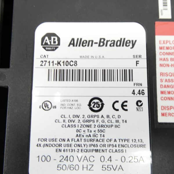 ALLEN BRADLEY 2711-K10C8 SER. F F/W 4.46 100-240VAC 0.4-0.25A UNMP