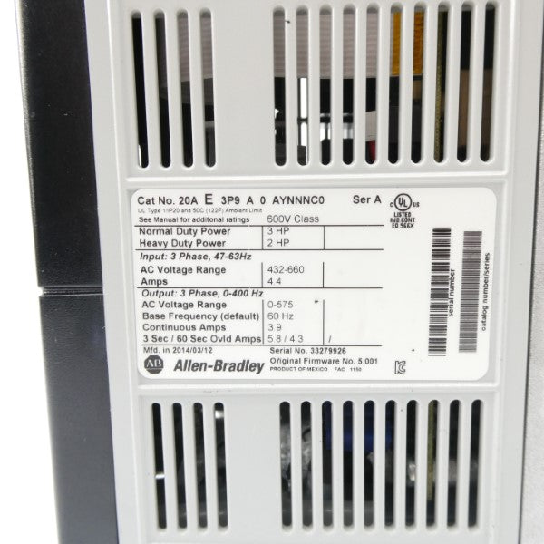 ALLEN BRADLEY 20AE3P9A0AYNNNC0 SER. A F/W 5.001 432-660VAC 4.4A UNMP