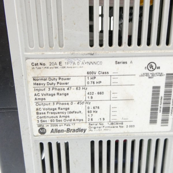 ALLEN BRADLEY 20AE1P7A0AYNNNC0 SER. A F/W 2.003 432-660VAC 1.9A UNMP