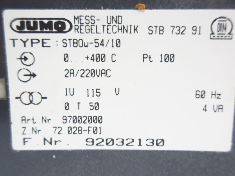 JUMO STBOW-54/10 220VAC 2A 0-400'C NSMP