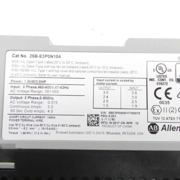 ALLEN BRADLEY 25B-E3P0N104 SER. A F/W 5.001 391-660V 3.0A NSMP