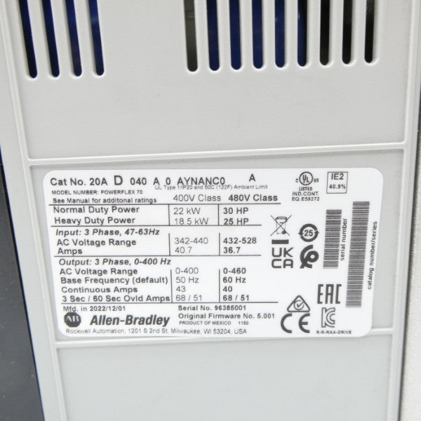 ALLEN BRADLEY 20AD040A0AYNANC0 SER. A F/W 5.001 432-528V 36.7A NSNP