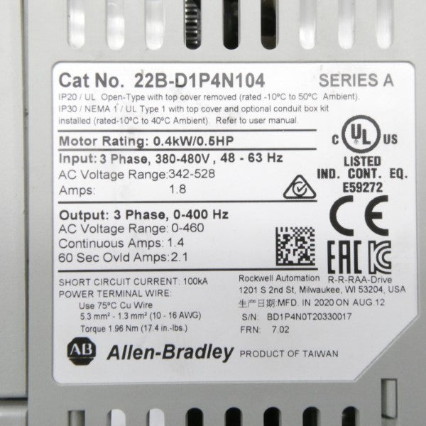 ALLEN BRADLEY 22B-D1P4N104 SER. A F/W 7.02 342-528VAC 1.8A NSNP