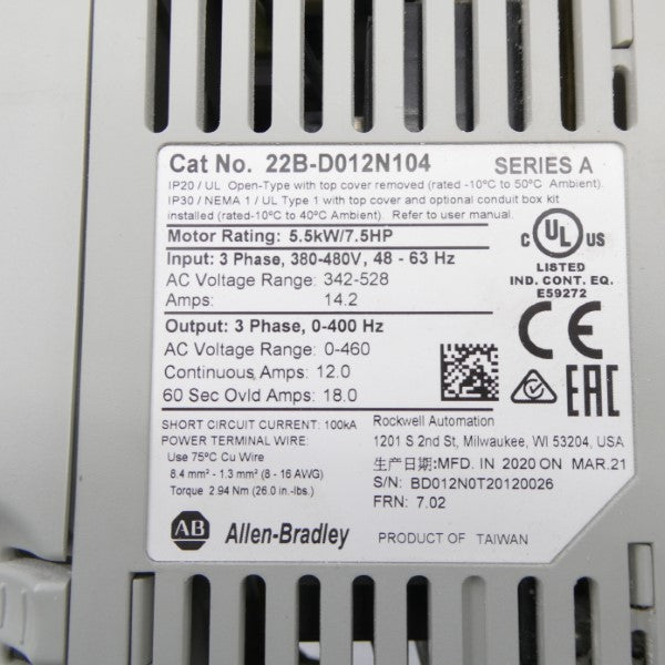 ALLEN BRADLEY 22B-D012N104 SER. A F/W 7.02 342-528VAC 14.2A UNMP