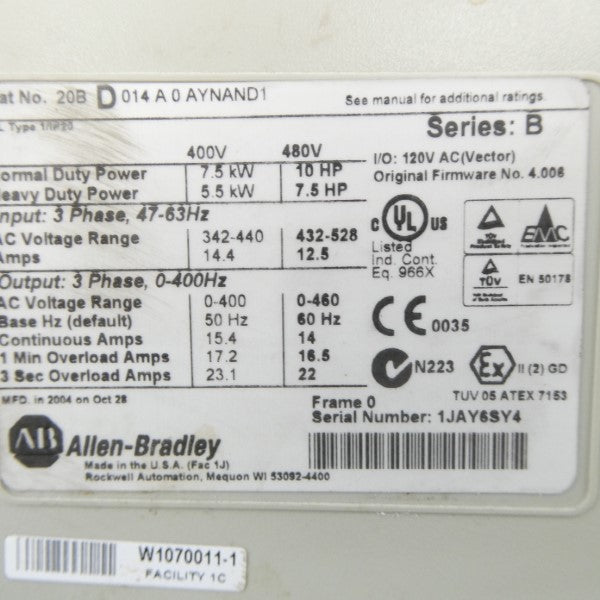 ALLEN BRADLEY 20BD014A0AYNAND1 SER. B F/W 4.006 432-528VAC 12.5A NSNP