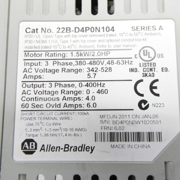 ALLEN BRADLEY 22B-D4P0N104 SER. A F/W 6.02 342-528VAC 5.7A NSNP