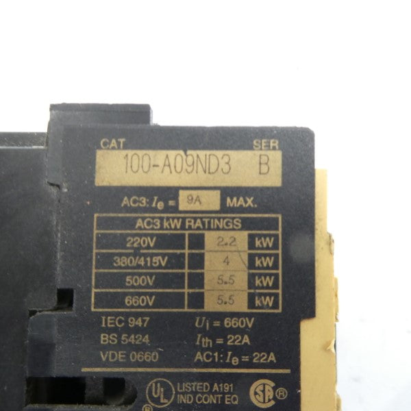 ALLEN BRADLEY 100-A09ND3 SER. B 110/120V 9A (YELLOW) UNMP