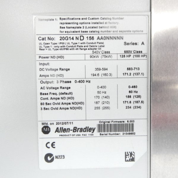 ALLEN BRADLEY 20G14ND156AA0NNNNN SER. A F/W 6.003 583-713VDC 171.2A NSNP