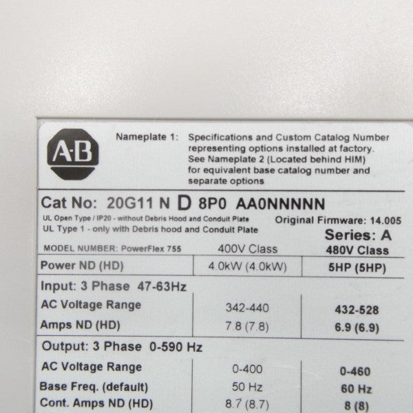 ALLEN BRADLEY 20G11ND8P0AA0NNNNN SER. A F/W 14.005 432-528VAC 6.9A NSNP