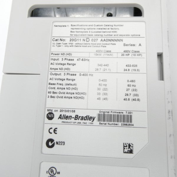 ALLEN BRADLEY 20G11ND027AA0NNNNN SER. A F/W 7.001 432-528VAC 24.8A NSNP