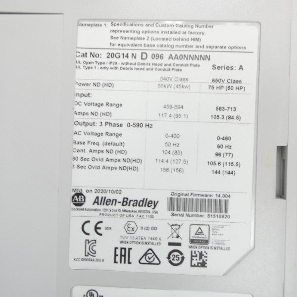 ALLEN BRADLEY 20G14ND096AA0NNNNN SER. A F/W 14.004 583-713VDC 105.3A NSNP
