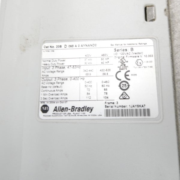 ALLEN BRADLEY 20BD065A0AYNAND0 SER. B F/W 10.003 432-528VAC 59.6A NSNP
