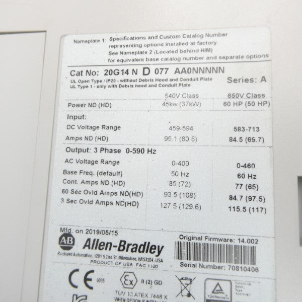 ALLEN BRADLEY 20G14ND077AA0NNNNN SER. A F/W 14.002 583-713VDC 84.5A NSNP