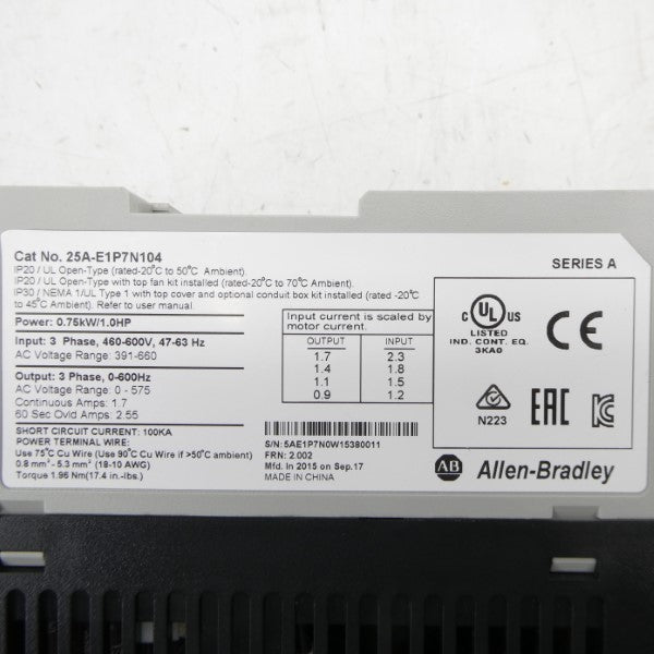 ALLEN BRADLEY 25A-E1P7N104 SER. A F/W 2.002 446-660V 2.3A NSMP
